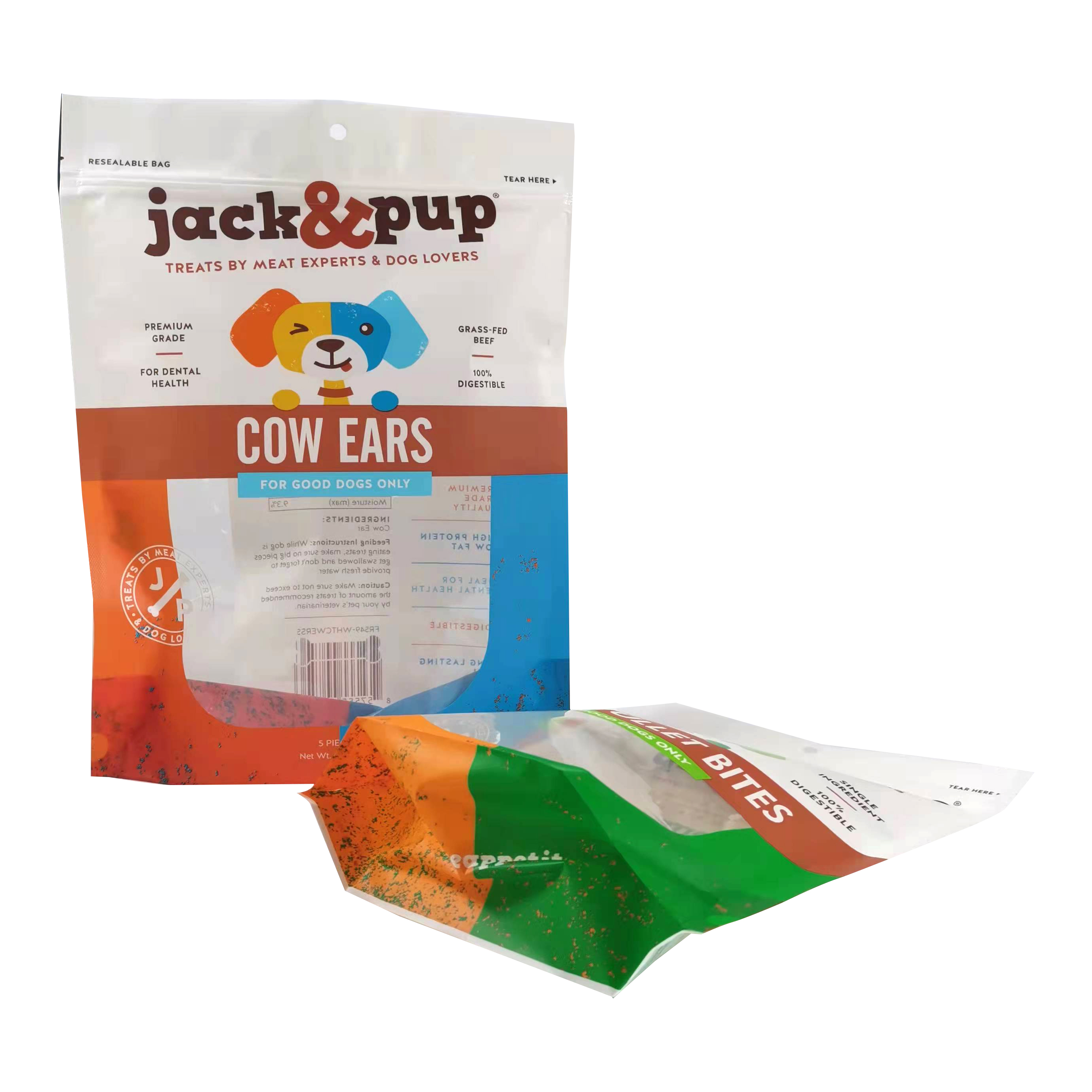 Custom printing resealable stand-up ziplock plastic bag Dog treats food pouch 